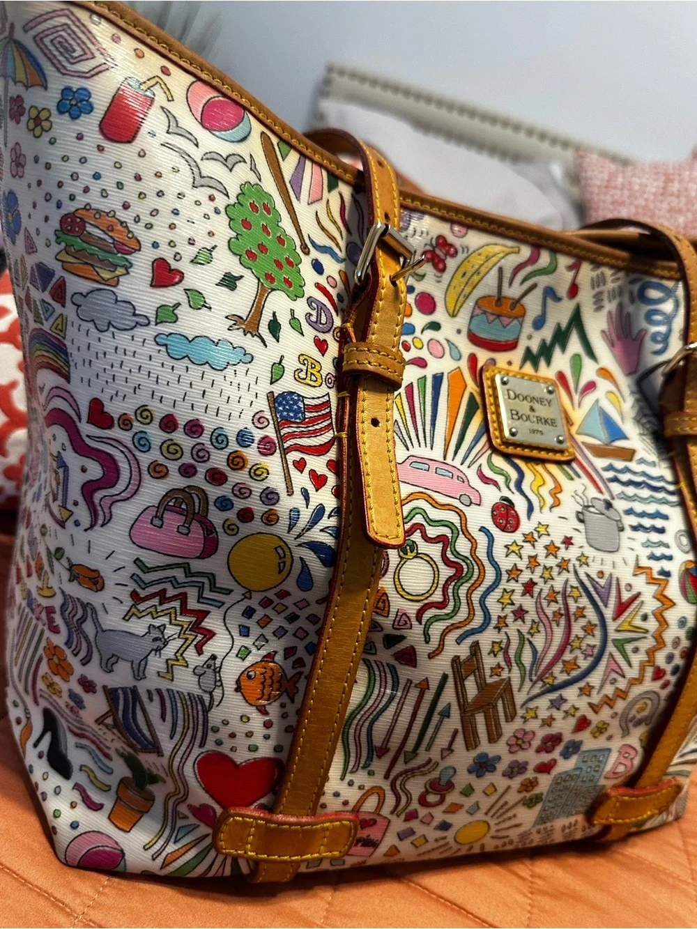 Dooney & Bourke White Multicolor Doodle Tote with Tan Leather Trim